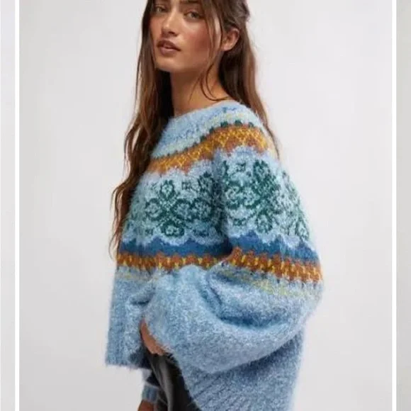 Free People Festive Frost Pullover Sweater - Ice Blue Combo - Sz Medium - Picture 4 of 11